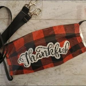 Face Mask with Lanyard- Red Plaid Thankful